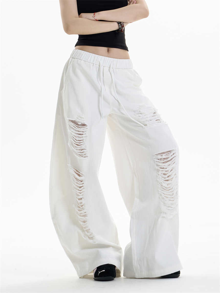 Ripped Casual Pants Women's Loose Straight Wide-leg Pants