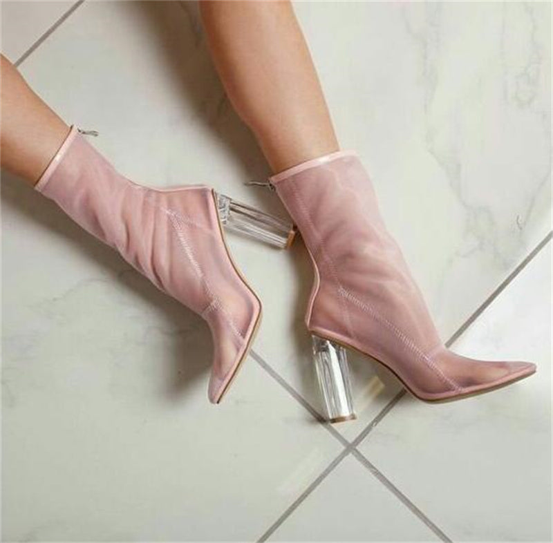 Women's Thick High-heeled Transparent Mesh Pointed Sandals