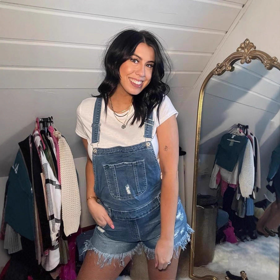 Women's Jumpsuits Multi-pocket Distressed Jeans Shorts