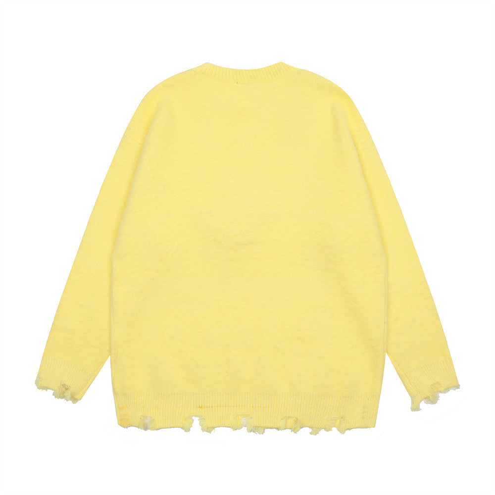 Banana Round Neck Sweater Men's High Street Ripped Ripped