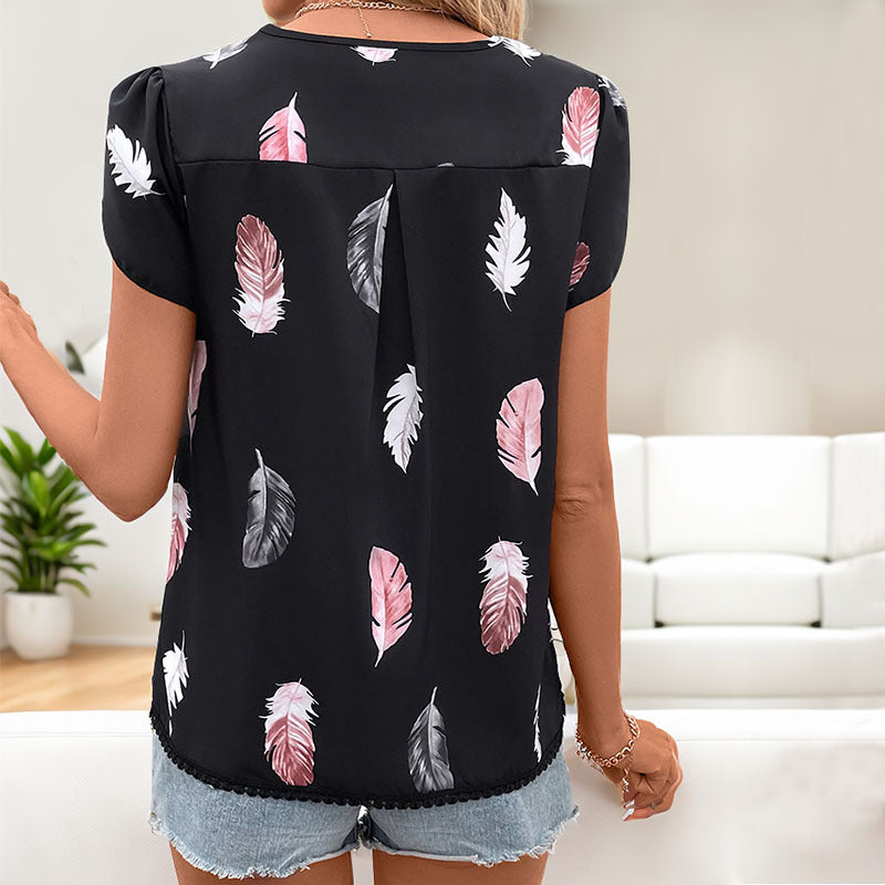 Women's Casual V-neck Feather Printed Shirt