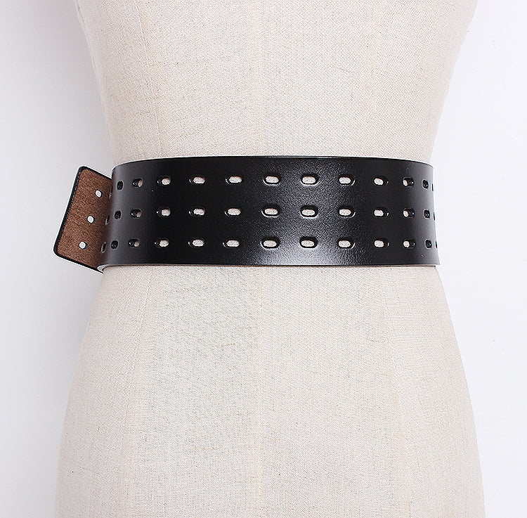 Women's Solid Color Metal Leather Wide Belt