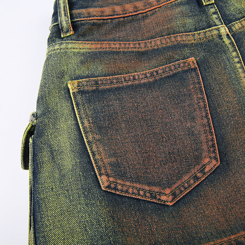 Women's Fashion Color Contrast Washing Tooling Denim Skirt