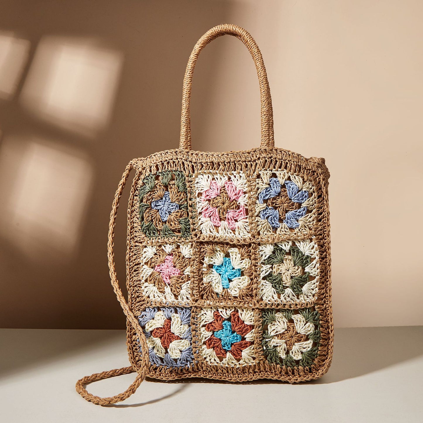 Splicing Braided Straw One Shoulder Portable Checkered Bag