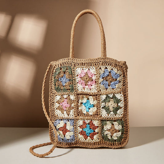Splicing Braided Straw One Shoulder Portable Checkered Bag