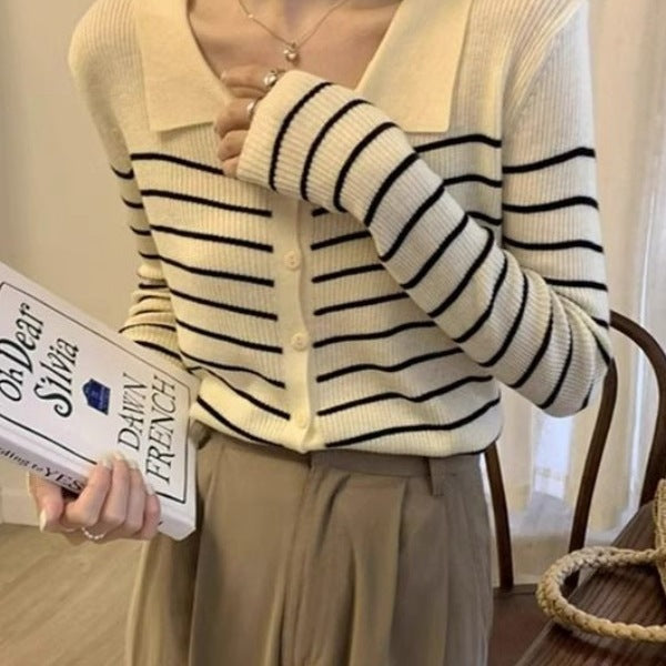 Women's Black And White Autumn Striped Sweater Top