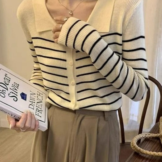 Women's Black And White Autumn Striped Sweater Top