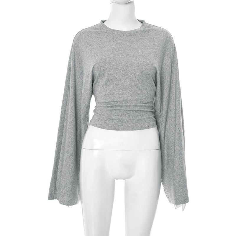 Solid Color Round Neck Shoulder Across Sleeve Waist-tight Sexy Long-sleeved Top