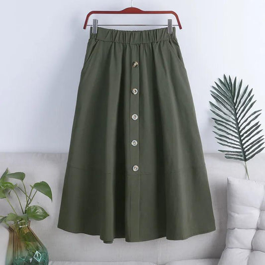 Japanese Style All-matching Button Elastic Waist Big Hem Skirt