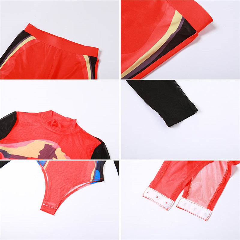 Women's Fashion Printing Slim Long-sleeved Tight Pants Set