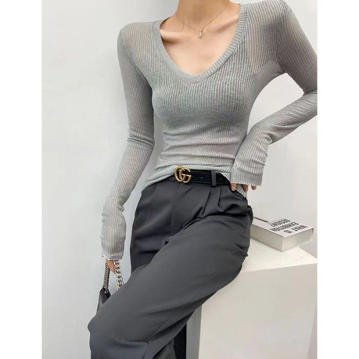 Womens Solid-Color Casual V-Neck Sun-Protective Long-Sleeve Top