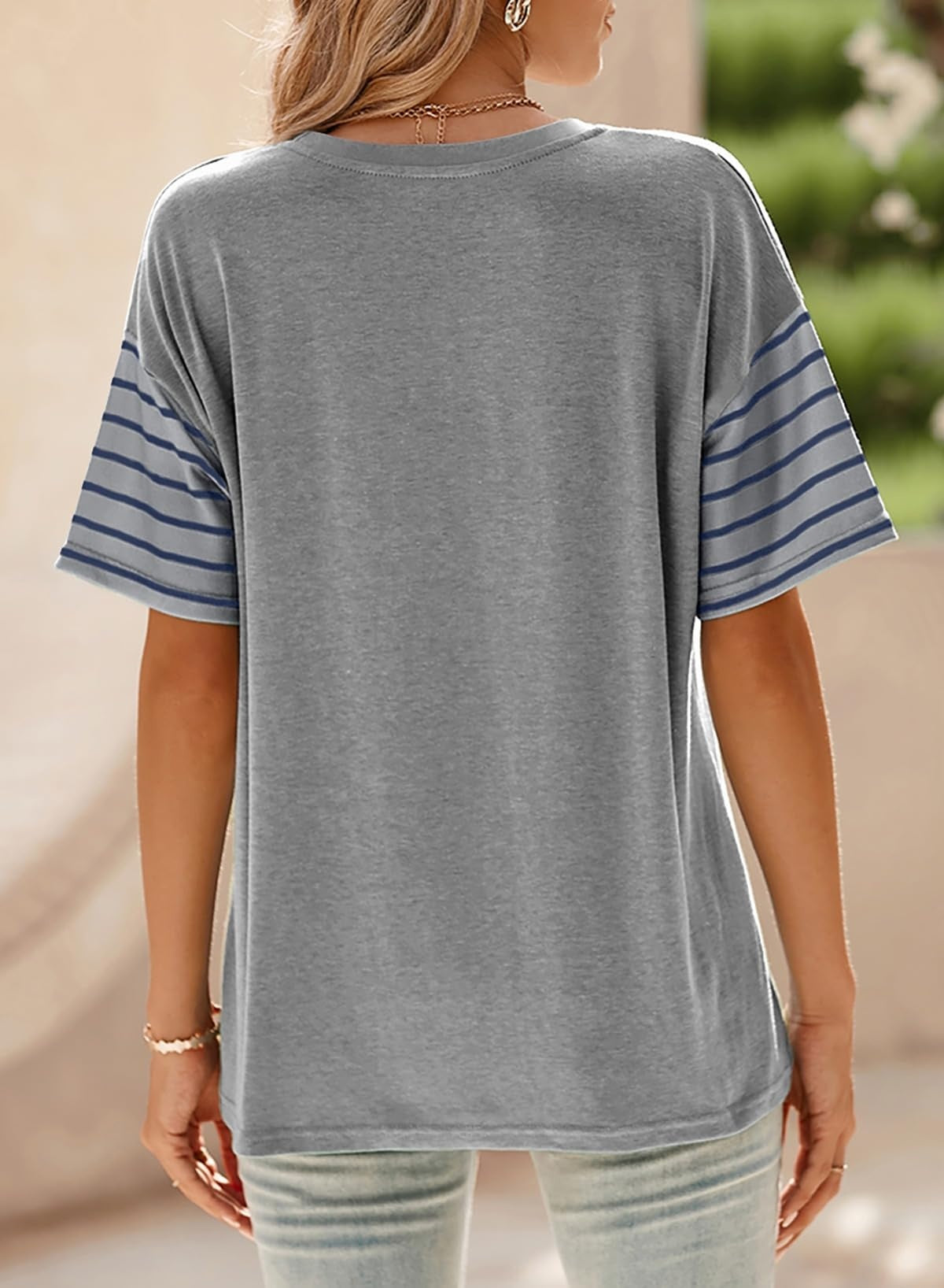 Pullover Crew Neck Casual Striped Contrast Color Short Sleeve T-shirt