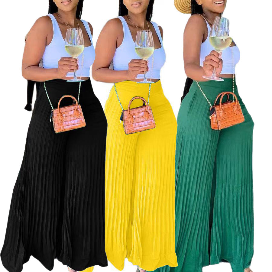 Women's Summer Pleated Chiffon Solid Color Wide-leg Pants