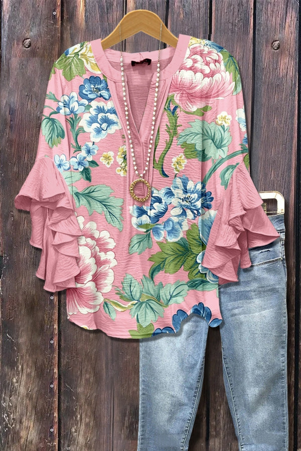 New Printed European And American Leisure Collar Lotus Edge Loose Women's Wear T-Shirt