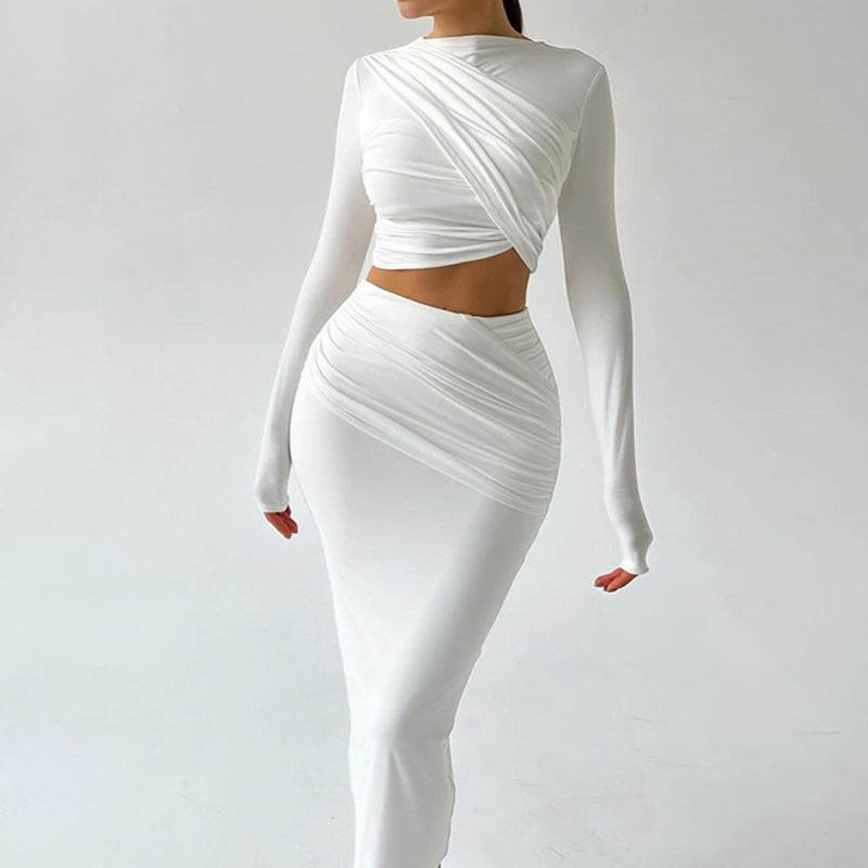 Round-neck Irregular Long-sleeved Crop Top Casual Skirt Two-piece Set