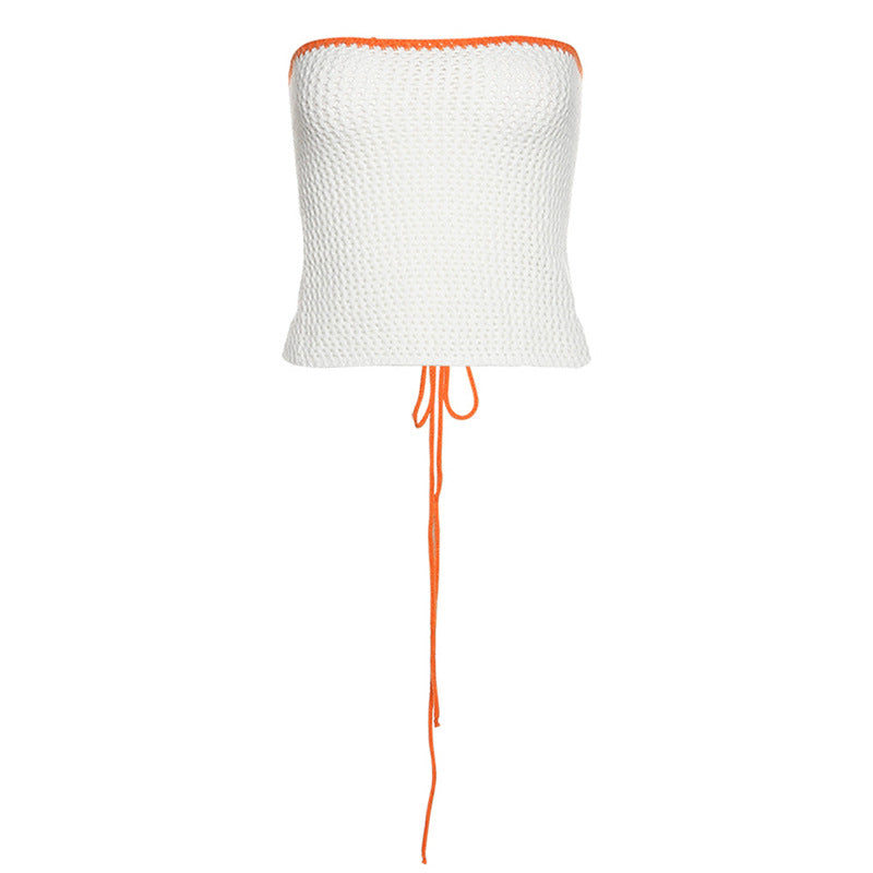 Contrast Color Cropped Navel Knit Tie Bandeau Tank Top