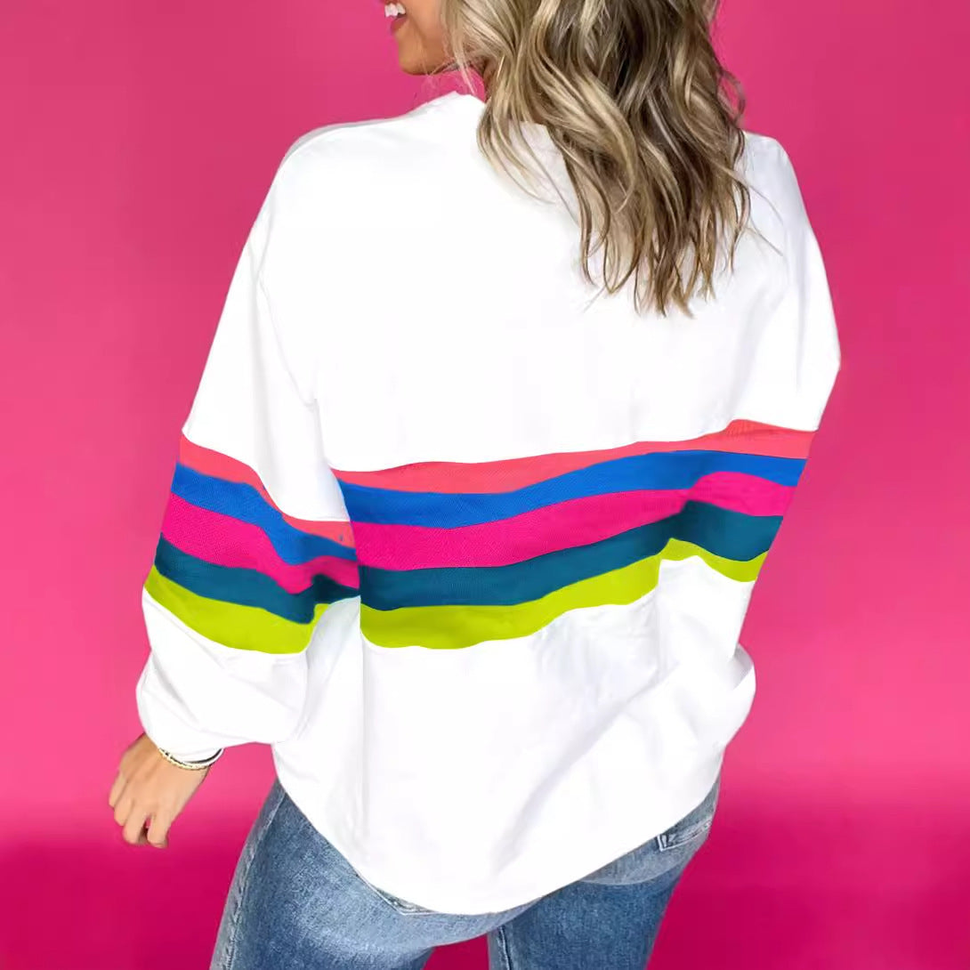 Casual Loose All-match Drop-shoulder Color Striped Round Neck T-shirt