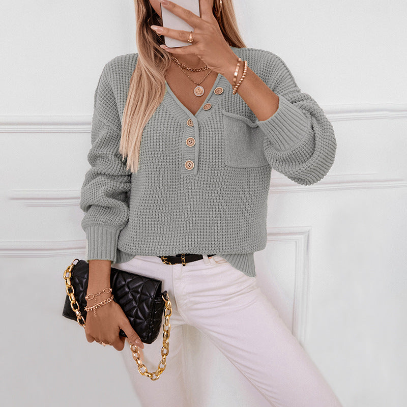 V-neck Buttons Solid Color Sweater For Women