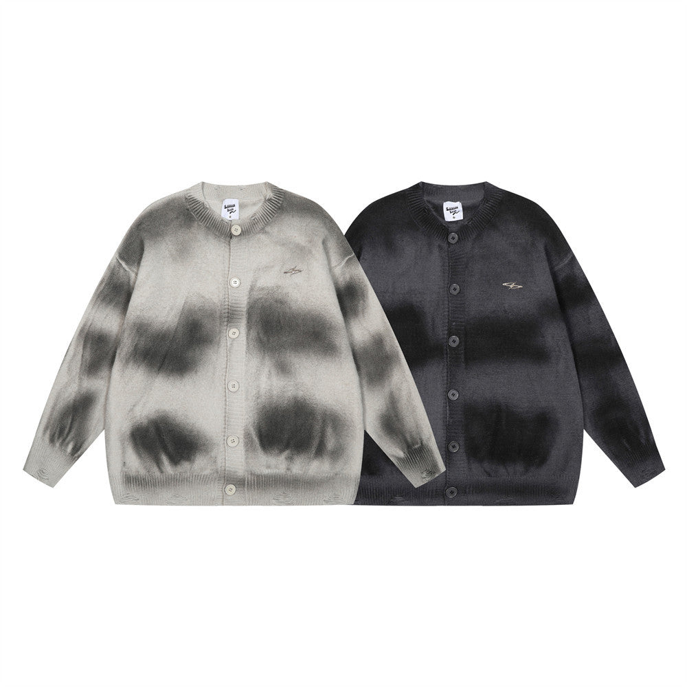 Tie-dyed Distressed Cardigan Sweater For Men