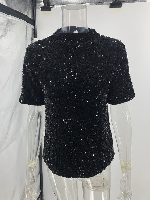 Round Neck Velvet Sequined Nightclub Short Sleeve T-shirt