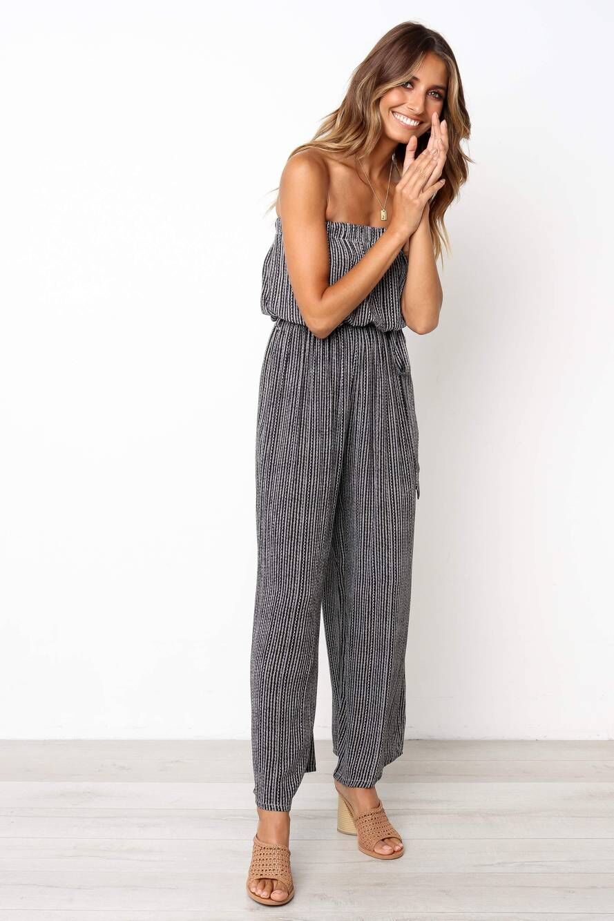 Womens Strapless Striped Printed Lace-Up Wide-Leg Jumpsuit