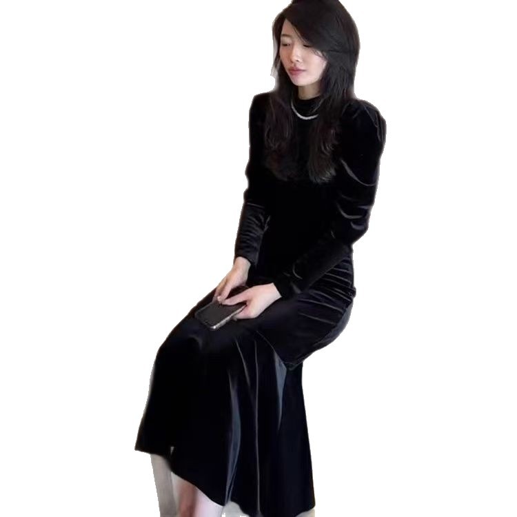 New Base-layer French-style Chic Korean Velvet Dress