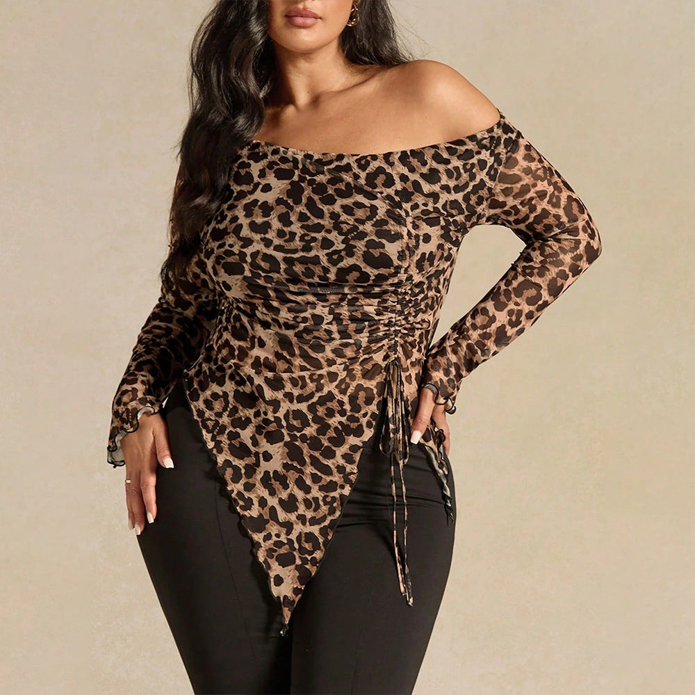 Womens Fitted Long-Sleeve Top With A Flared Hem And Leopard-Print Drawstring
