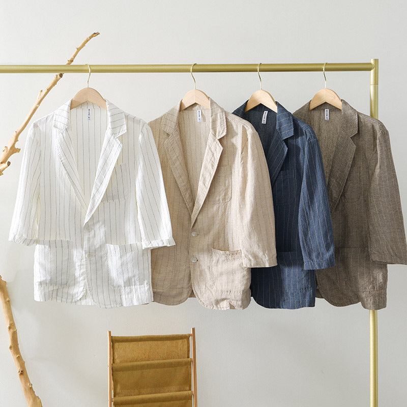 Sleeve Suit Jacket Men's Cotton And Linen Stripes Suit Jacket
