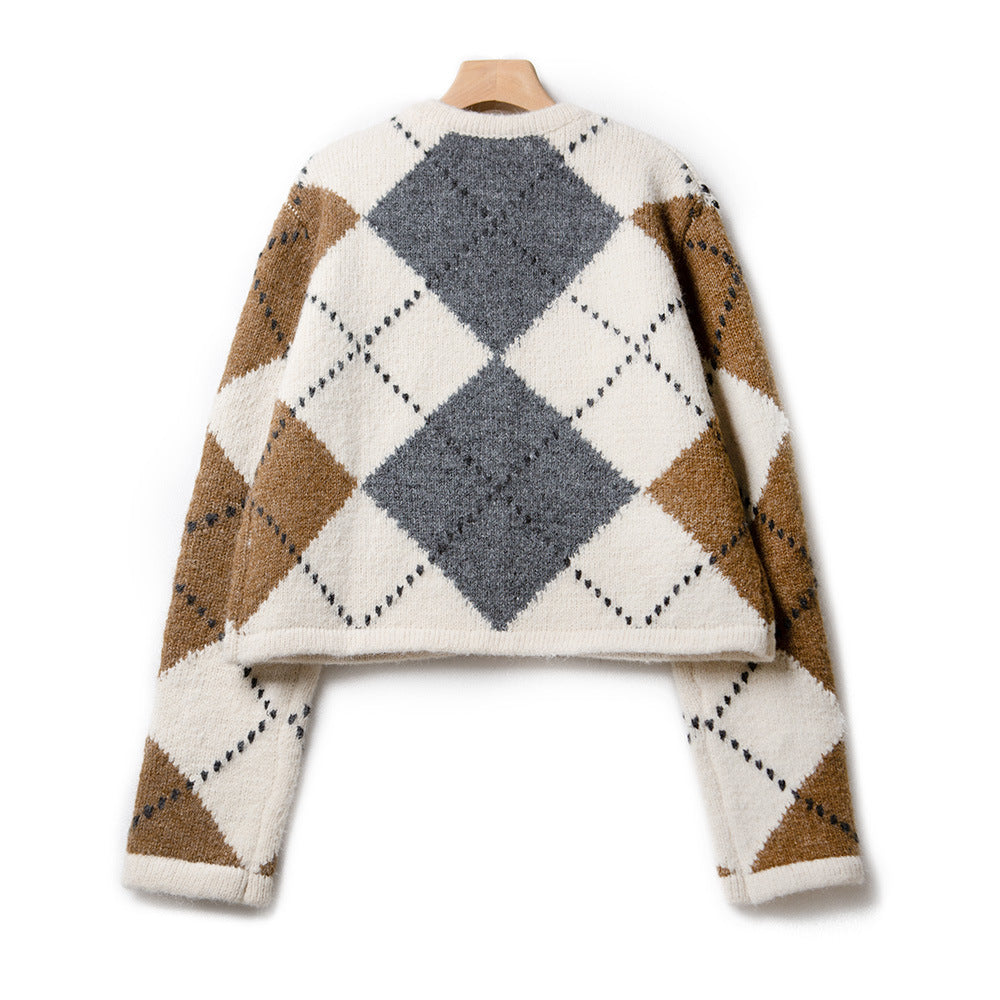 Women's Alpaca Geometric Contrast Color Knitted Cardigan Short Coat