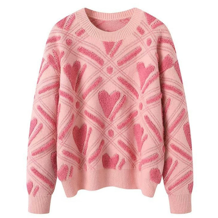 Womens Color-Block Heart-Shape Relaxed-Fit Crew-Neck Sweater