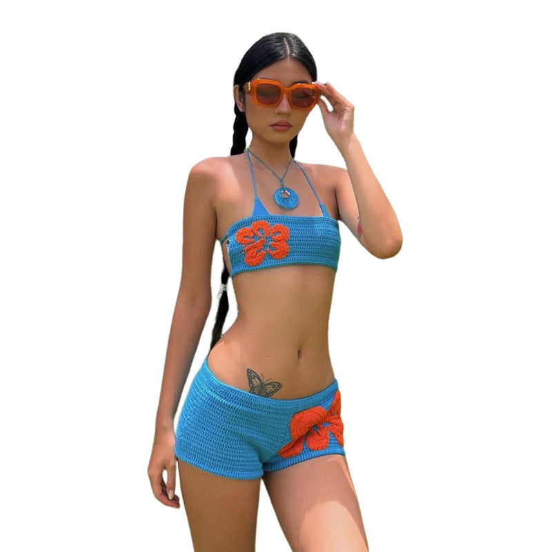 Summer Women's Low Collar Knitted Contrast Color Bandeau Slim-fit Casual Shorts Suit