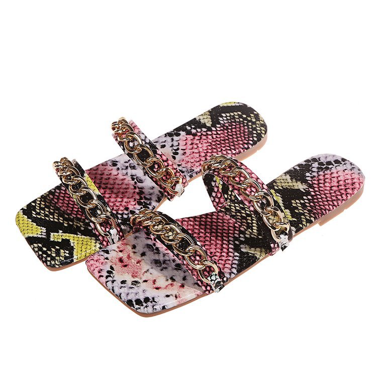 Metal Chain Buckle Snake Print Sandals And Slippers