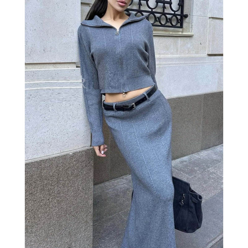 Solid-color Long-sleeve Zip-up Jacket And Skirt Fashion Set