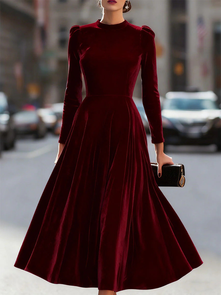 Womens Solid-Colored Casual Velvet Crew-Neck Long-Sleeve Dress