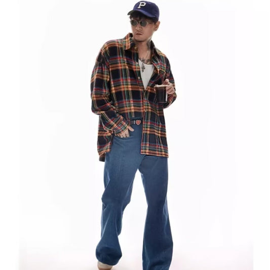 American-style Retro Color-block Plaid Long-sleeve Shirt