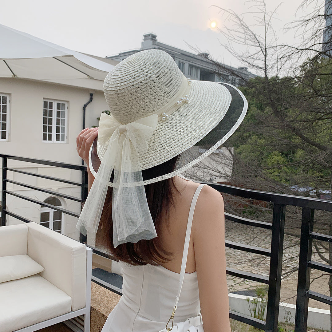 Big Brim Pearl Straw Hat With Bow Visor
