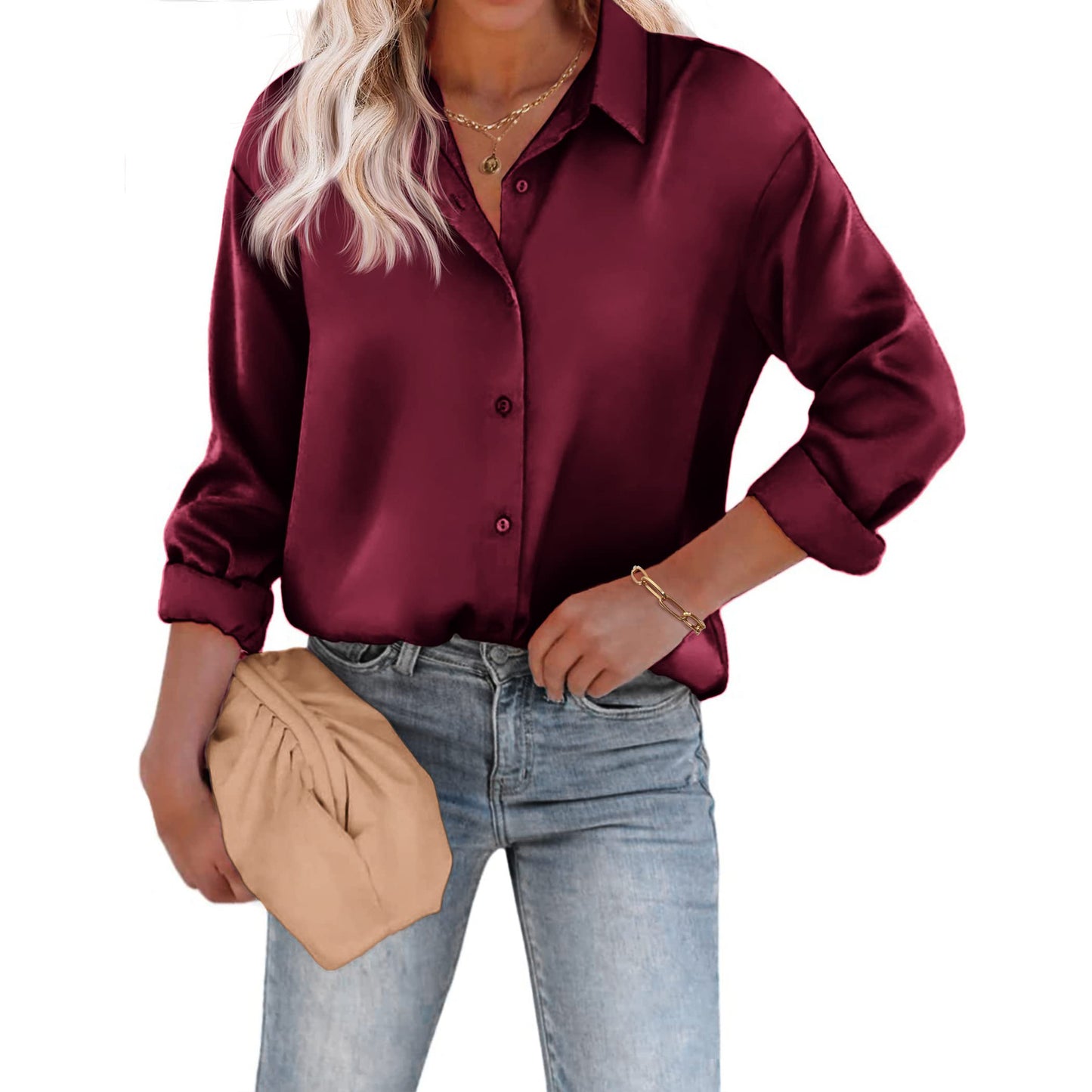 Women's Satin Silk Button Shirt European And American Leisure Loose Long Sleeve Satin Top