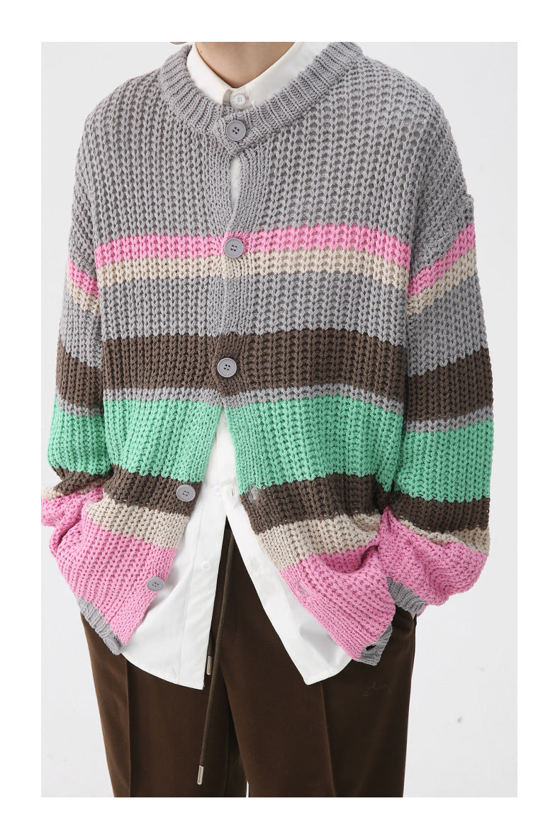 Autumn And Winter New Men's Long-sleeve Cardigan Sweater Striped Coat