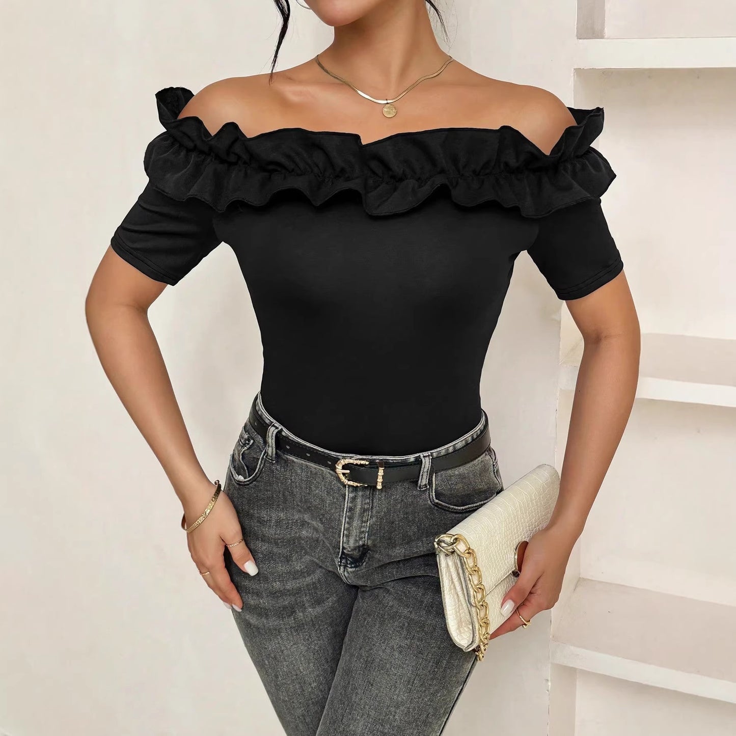 Womens Stylish Off-shoulder Ruffle T-shirt Top