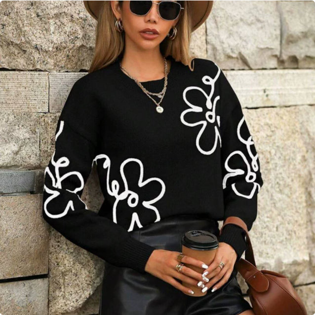 Solid Color Flower Jacquard Knitted Sweater Fashion Pullover