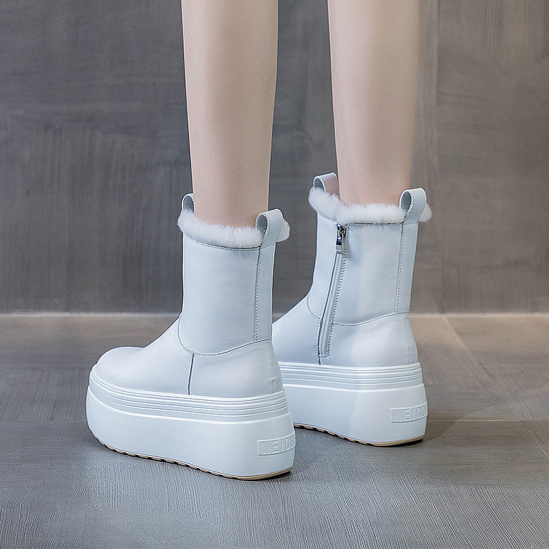 Short Boots Women's Plus Velvet Real Fur Warm Snow Cotton Thick Bottom Muffin Leather Medium Tube Simple