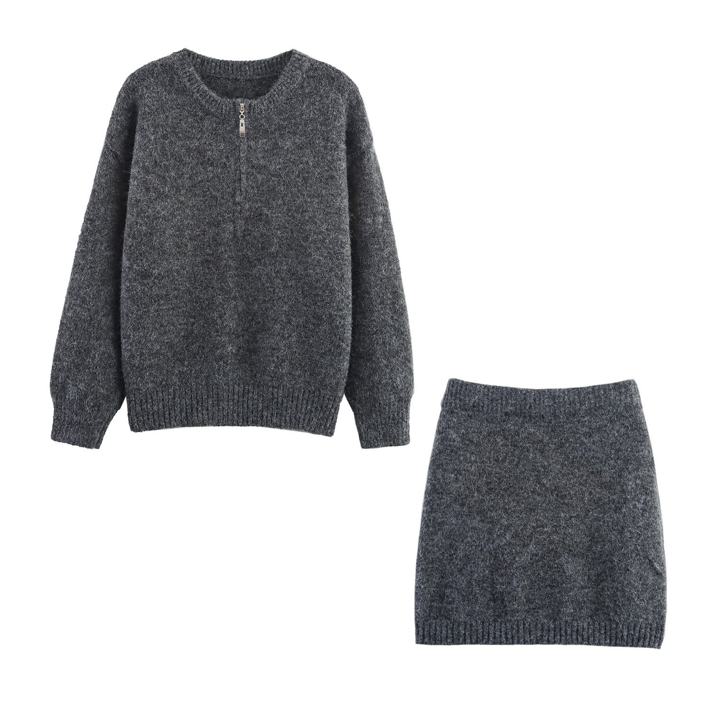 Round Neck Half Long-sleeve Zipper Top Short Skirt Knitting Suit