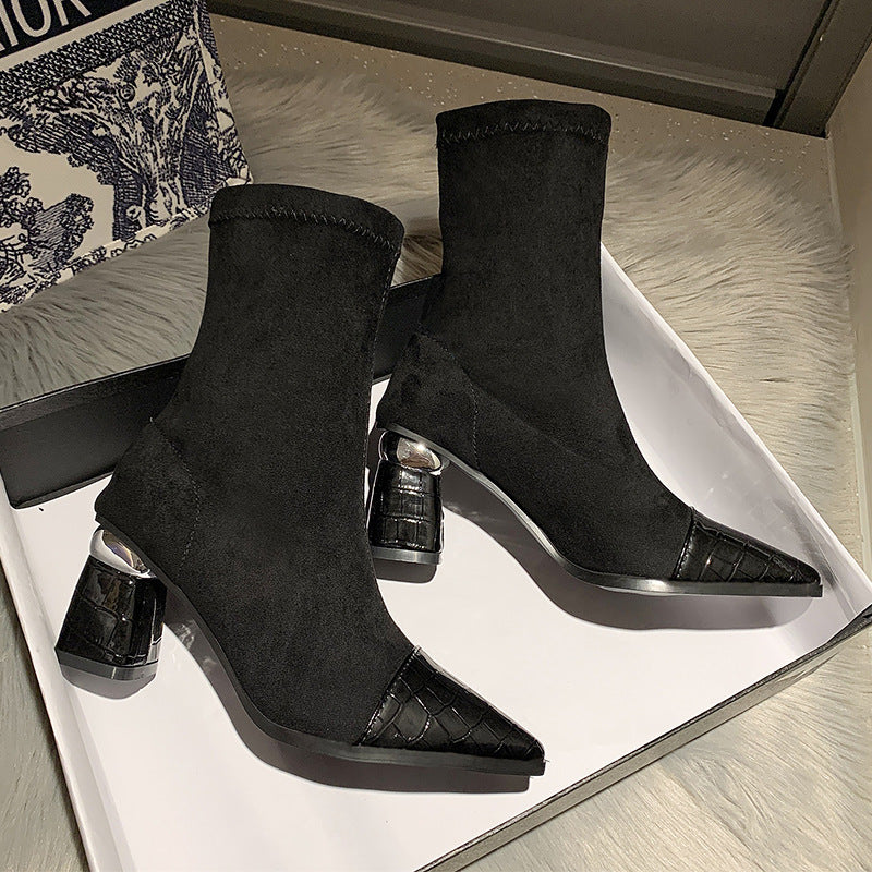 New Fashion Pointed Toe High Thick Heel Short Tube Elastic Boots