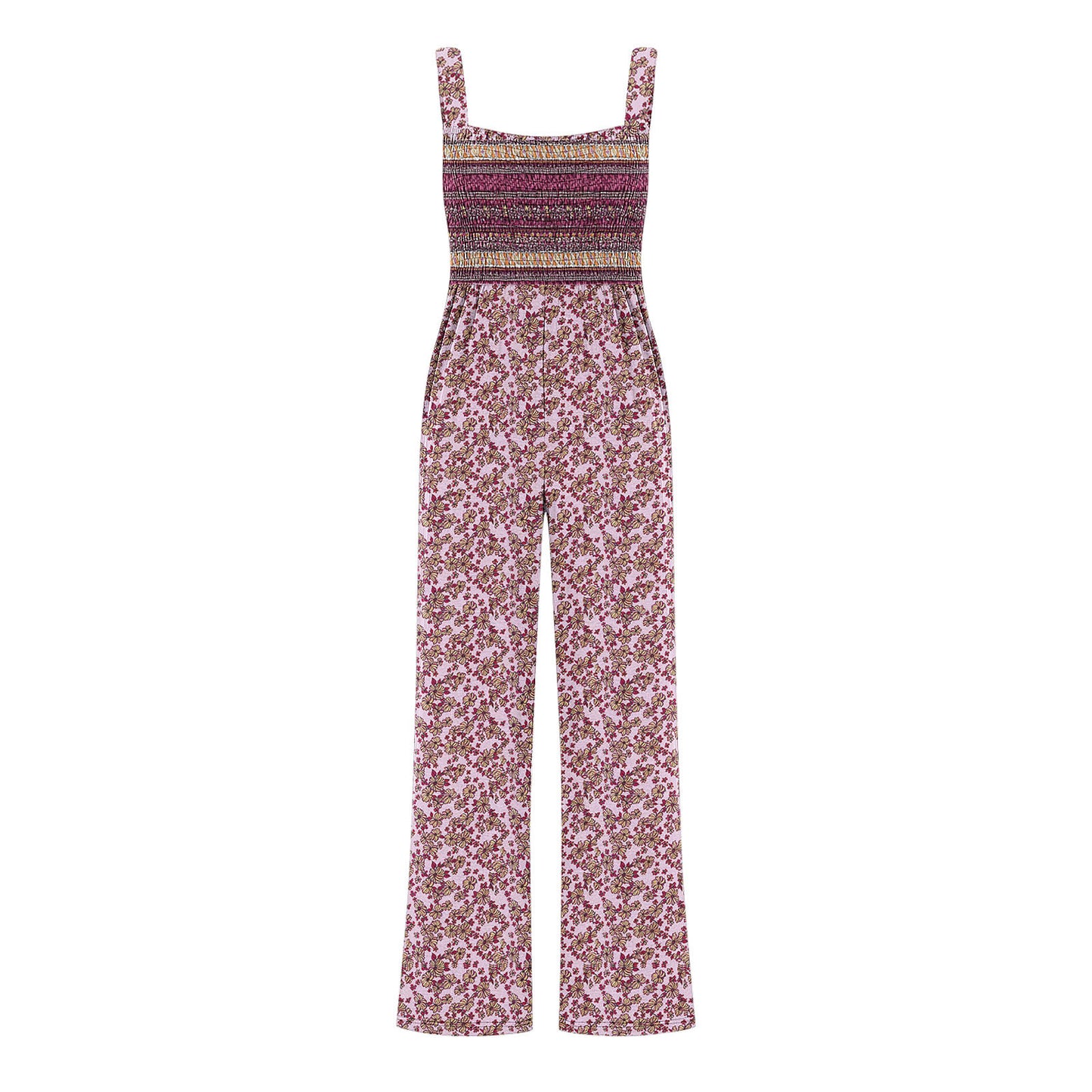 Printed Overalls With Pleated Pockets