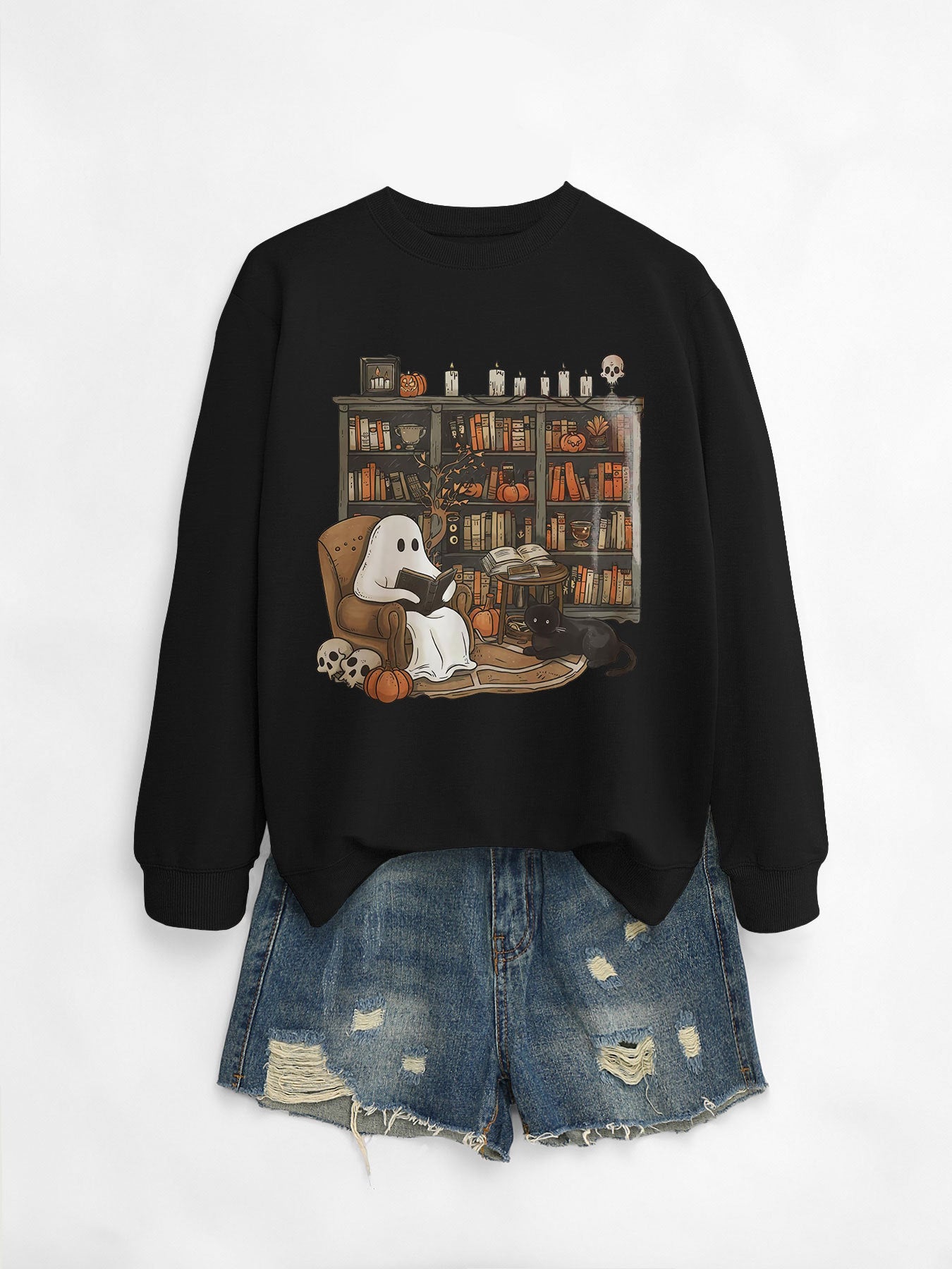 Printed Bookshelf Ghost Black Cat Round Neck Sweater