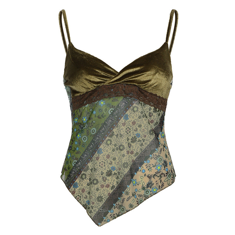Vintage Printed Velvet Stitching Tied Irregular Spaghetti-strap Niche Sexy A Swing Slim Vest