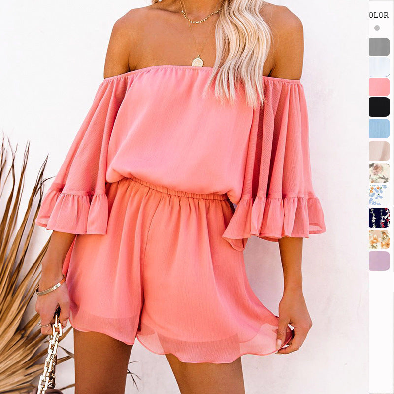 Patchwork Short Sleeve Loose Solid Color Chiffon Jumpsuit