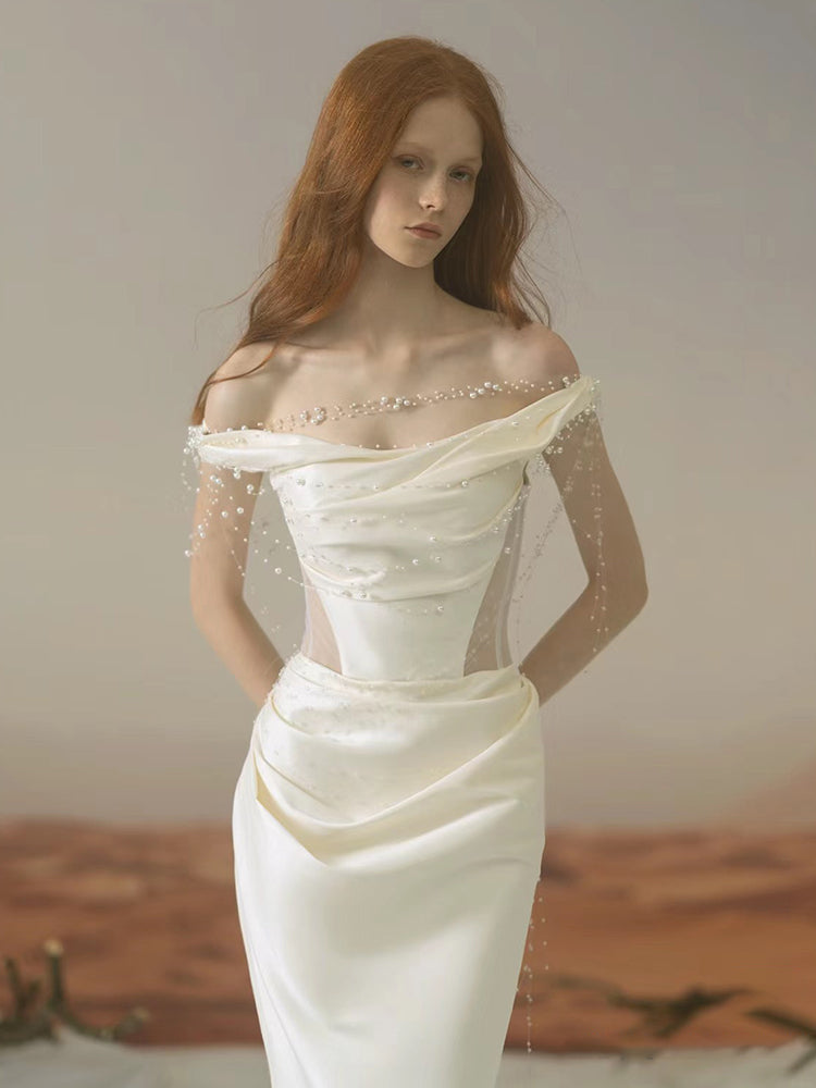 White Simple Outerwear Yarn Satin Off-shoulder Fishtail Dress