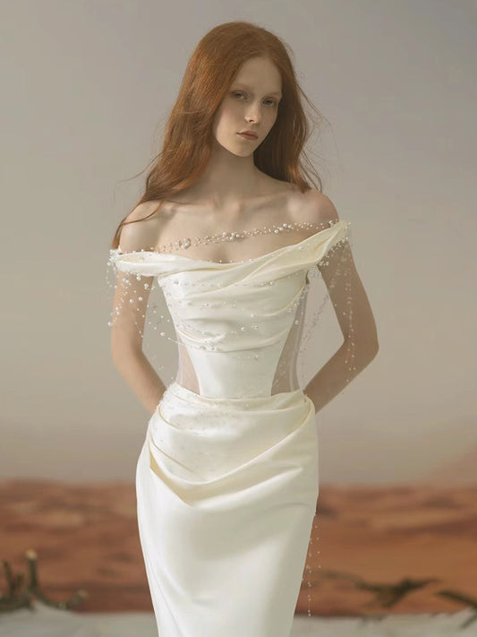 White Simple Outerwear Yarn Satin Off-shoulder Fishtail Dress