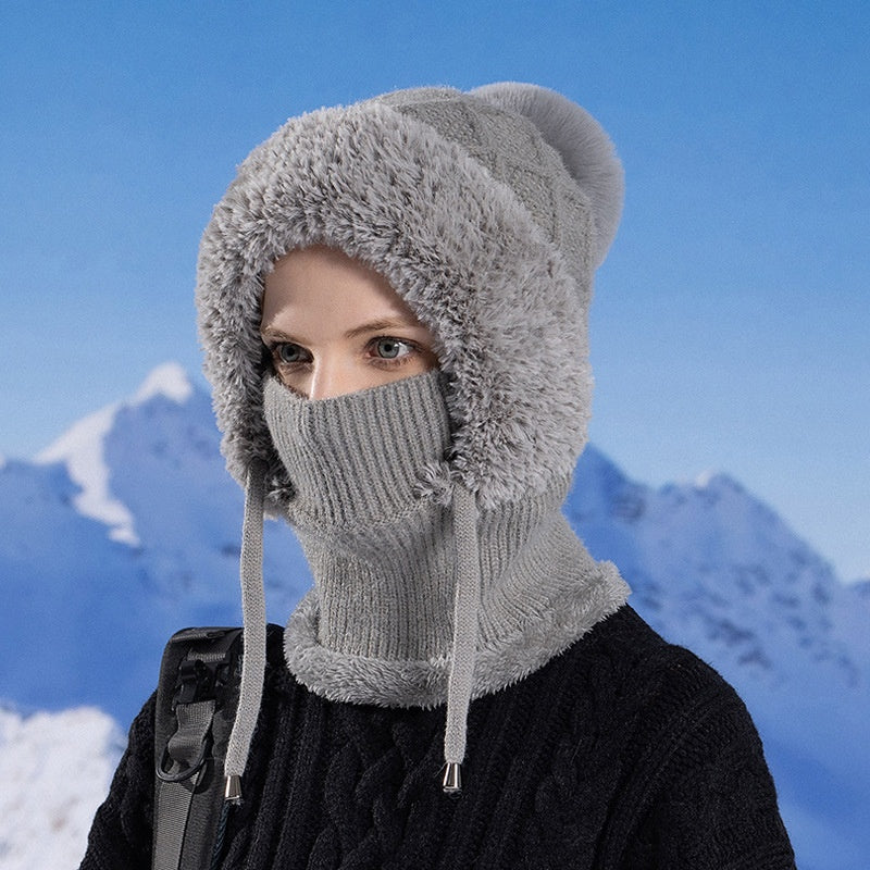 Scarf Integrated Knit Women's Fleece-lined Warm Hat